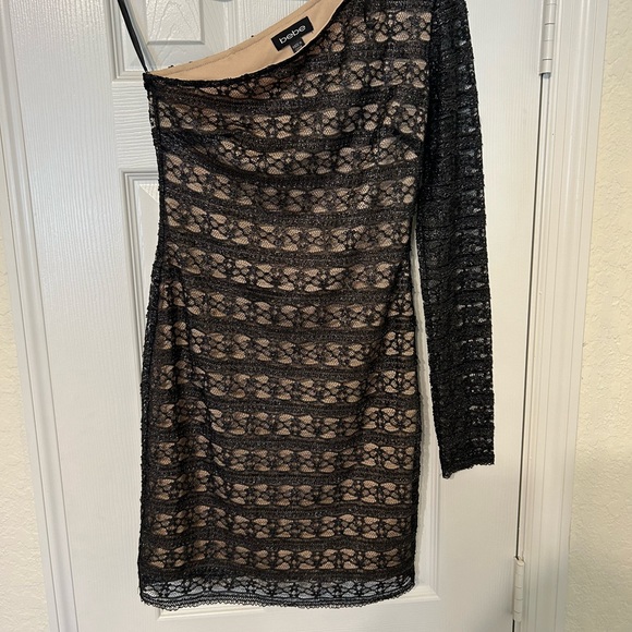 Bebe (Small) single sleeve dress.Sleeve see-through. black mesh w/tan lining. - Picture 8 of 9